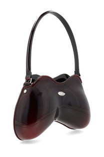 Diesel women’s double bag red glossy black and burgundy patent leather handbag with sleek asymmetrical design and curved handle