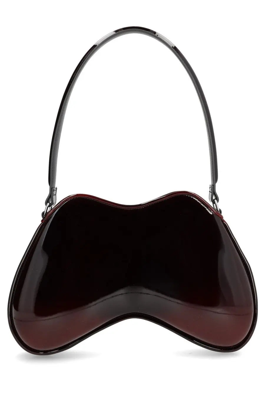 Diesel women’s double bag red glossy burgundy patent leather handbag with sleek curved handle and minimalist design