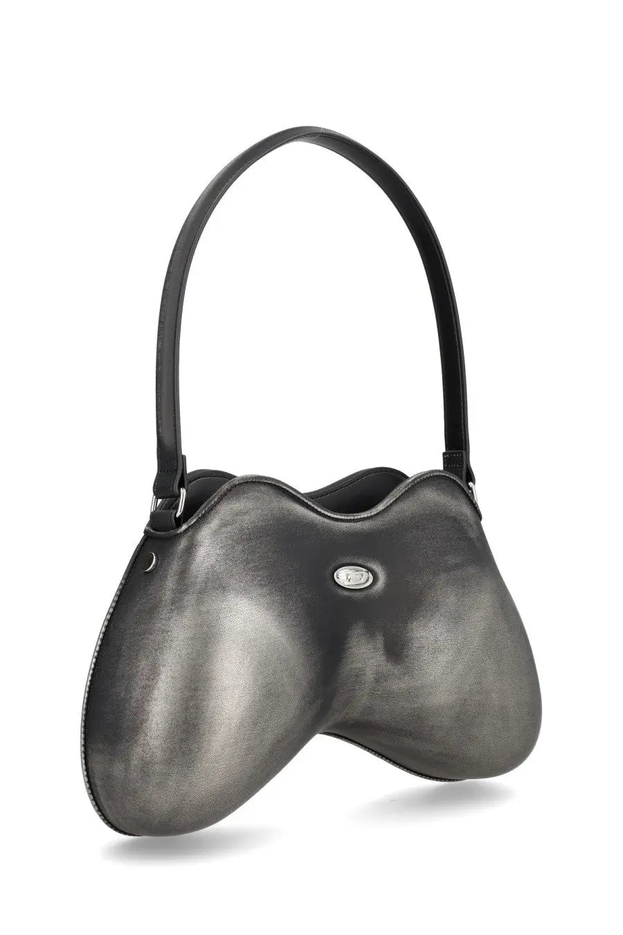 Diesel women’s double bag silver sleek asymmetrical black leather handbag with glossy finish and curved top handle