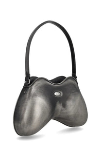 Diesel women’s double bag silver sleek asymmetrical black leather handbag with glossy finish and curved top handle