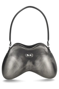 Diesel women’s double bag silver metallic gray handbag with unique curved design and black leather handle