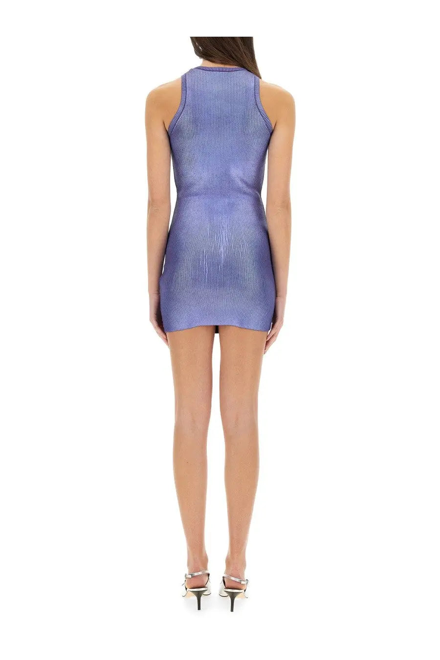 Diesel women’s dress caddix purple shimmering lavender ribbed knit mini dress with a sleek form-fitting silhouette