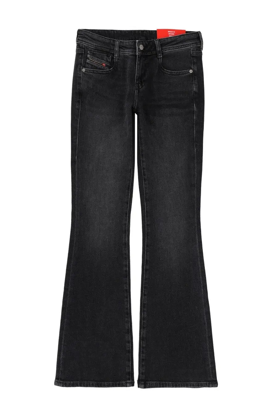 Diesel women’s ebbey jeans black black denim flare jeans with subtle faded wash and classic stitching details back view