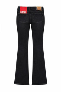 Diesel women’s ebbey jeans black diesel denim with flared leg cut and red brand label at the waistband