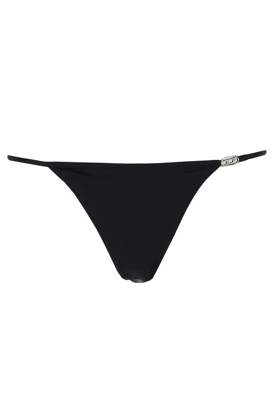 Black thong bikini bottom by Diesel women’s ebbi dnm with silver-toned metal clasp visible on the back side