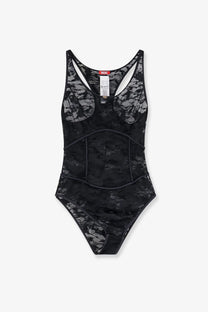 Diesel women’s ezzy lace body black one-piece swimsuit with black lace corset-style waistband and thin straps
