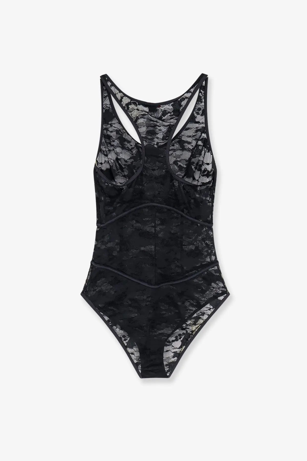 Black lace one-piece swimsuit with racerback design and floral patterns by Diesel womens Ezzy Lace Body Black visible from back