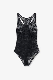 Black lace one-piece swimsuit with racerback design and floral patterns by Diesel womens Ezzy Lace Body Black visible from back