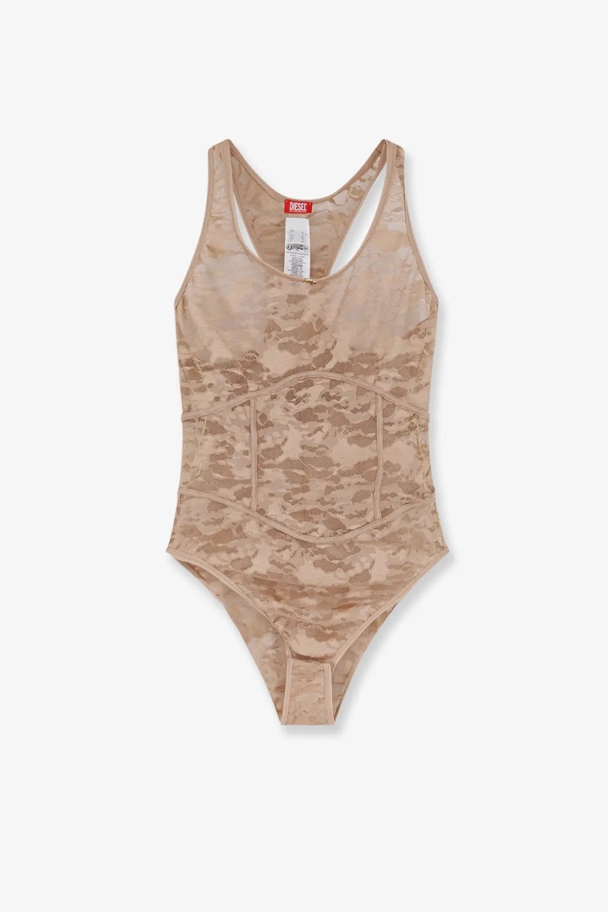 Beige camouflage one-piece swimsuit with racerback design and built-in shaping panels shown from back side