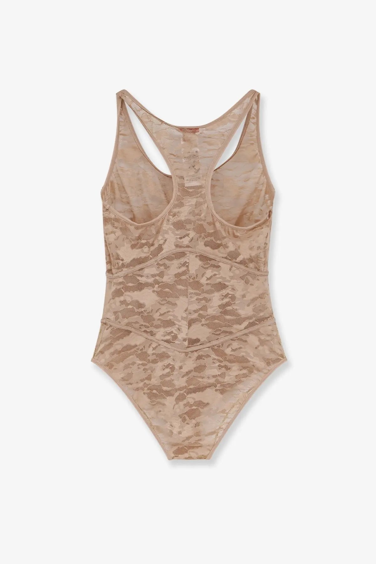 Diesel women’s ezzy lace bodysuit pink with beige sheer patterned lace and racerback straps showing the back side