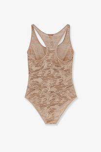 Diesel women’s ezzy lace bodysuit pink with beige sheer patterned lace and racerback straps showing the back side