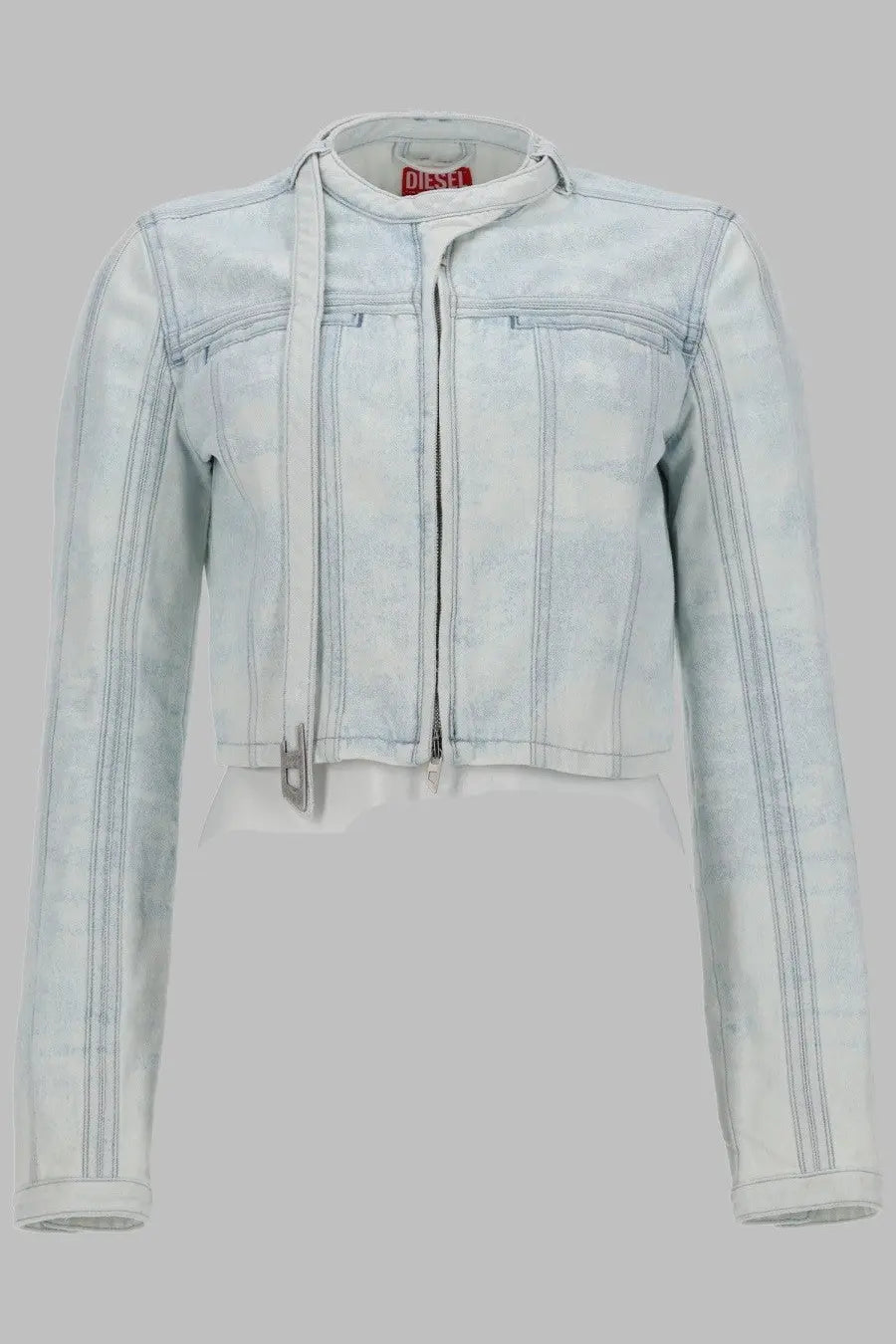 Diesel women’s giacca cropped light blue distressed denim jacket with zipper front and ribbed collar
