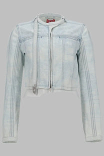 Diesel women’s giacca cropped light blue distressed denim jacket with zipper front and ribbed collar