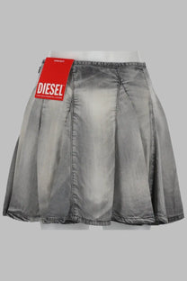 Diesel women’s gray distressed denim mini skirt with red Diesel brand tag on waistband