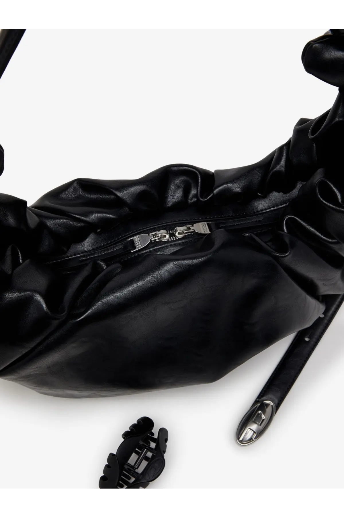 Diesel women’s grab hobo black ruched faux leather crossbody bag with silver-toned zipper pull
