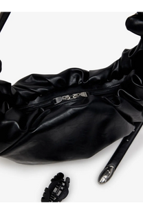 Diesel women’s grab hobo black ruched faux leather crossbody bag with silver-toned zipper pull