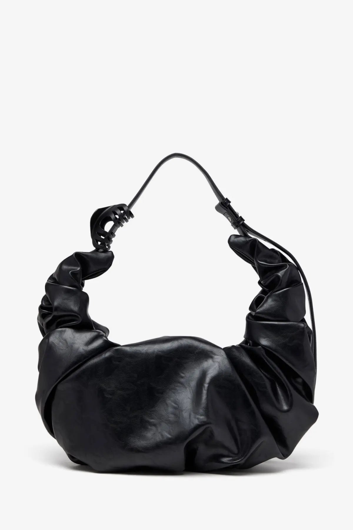 Black Diesel women’s grab hobo crossbody bag made of ruched leather with a twisted shoulder handle