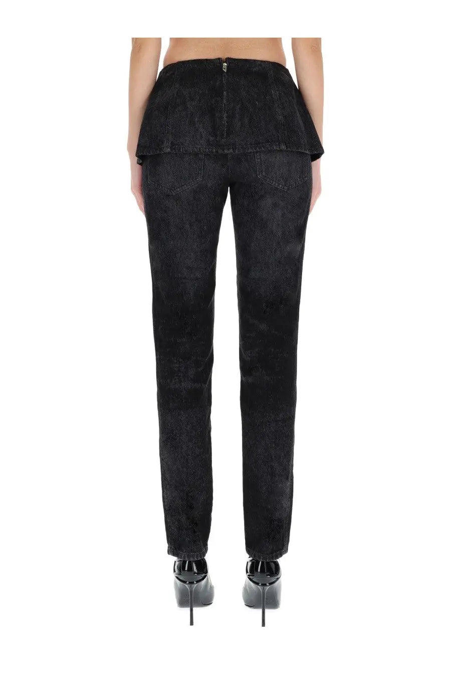 Back view of diesel women’s hourjian black denim jeans with flared back and subtle textured fabric