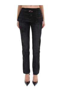 Diesel women’s Hourjian black denim jeans with distinctive front flap and small circular logo patch at the waistband