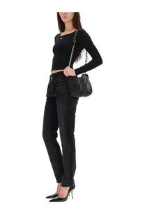 Black textured bucket bag with silver chain strap featured with diesel women’s hourjian jeans black product line