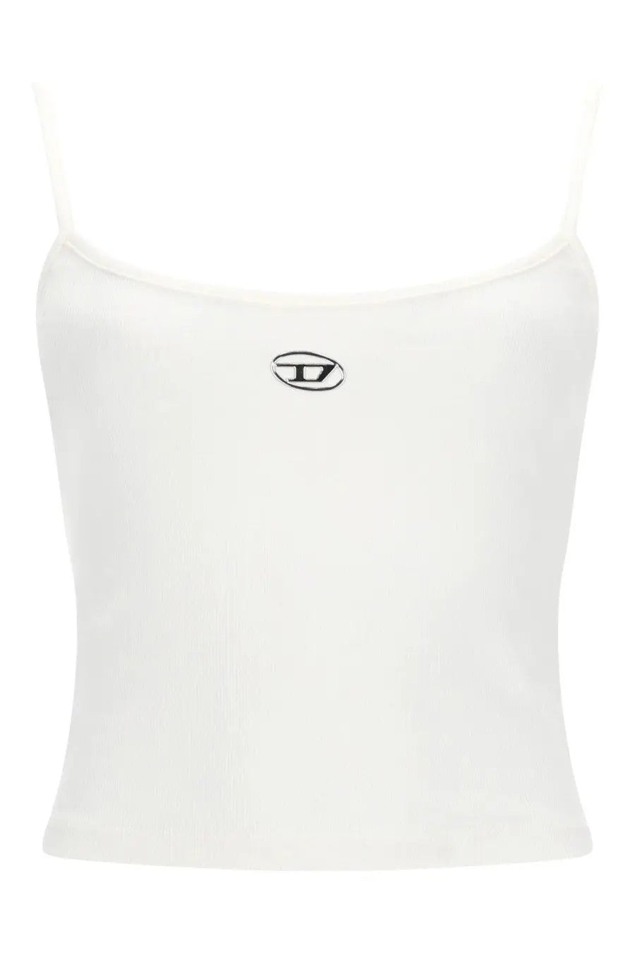 Diesel women’s Hupy OD white cropped spaghetti strap top with black embroidered logo at the center front