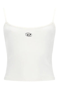 Diesel women’s Hupy OD white cropped spaghetti strap top with black embroidered logo at the center front