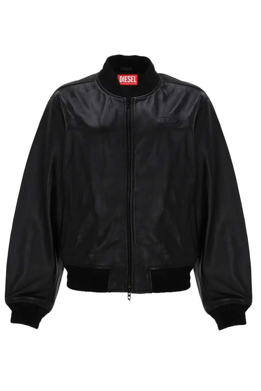 Diesel women’s ilyan rb black leather bomber jacket with red logo tag at the collar and embossed branding on the chest