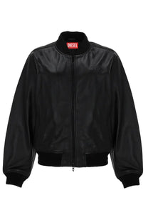 Diesel women’s ilyan rb black leather bomber jacket with red logo tag at the collar and embossed branding on the chest