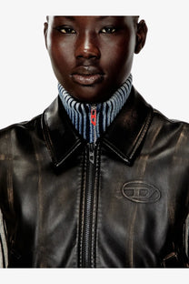 Diesel women’s inko black faux leather sleeveless jacket with dark brown distressed bomber style and red zipper pull