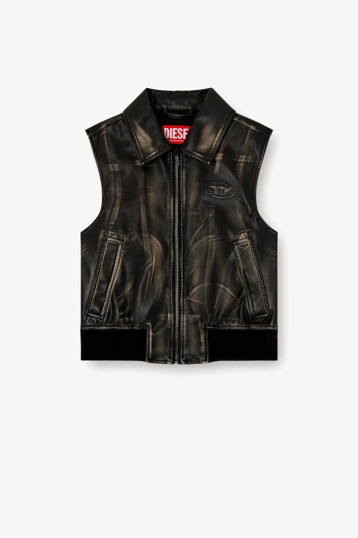 Diesel women’s Inko black faux leather sleeveless jacket with subtle distressed texture and contrasting black trim
