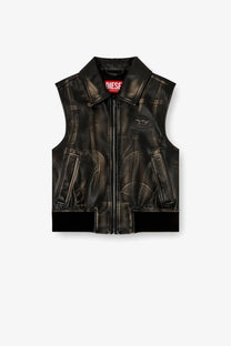 Diesel women’s Inko black faux leather sleeveless jacket with subtle distressed texture and contrasting black trim