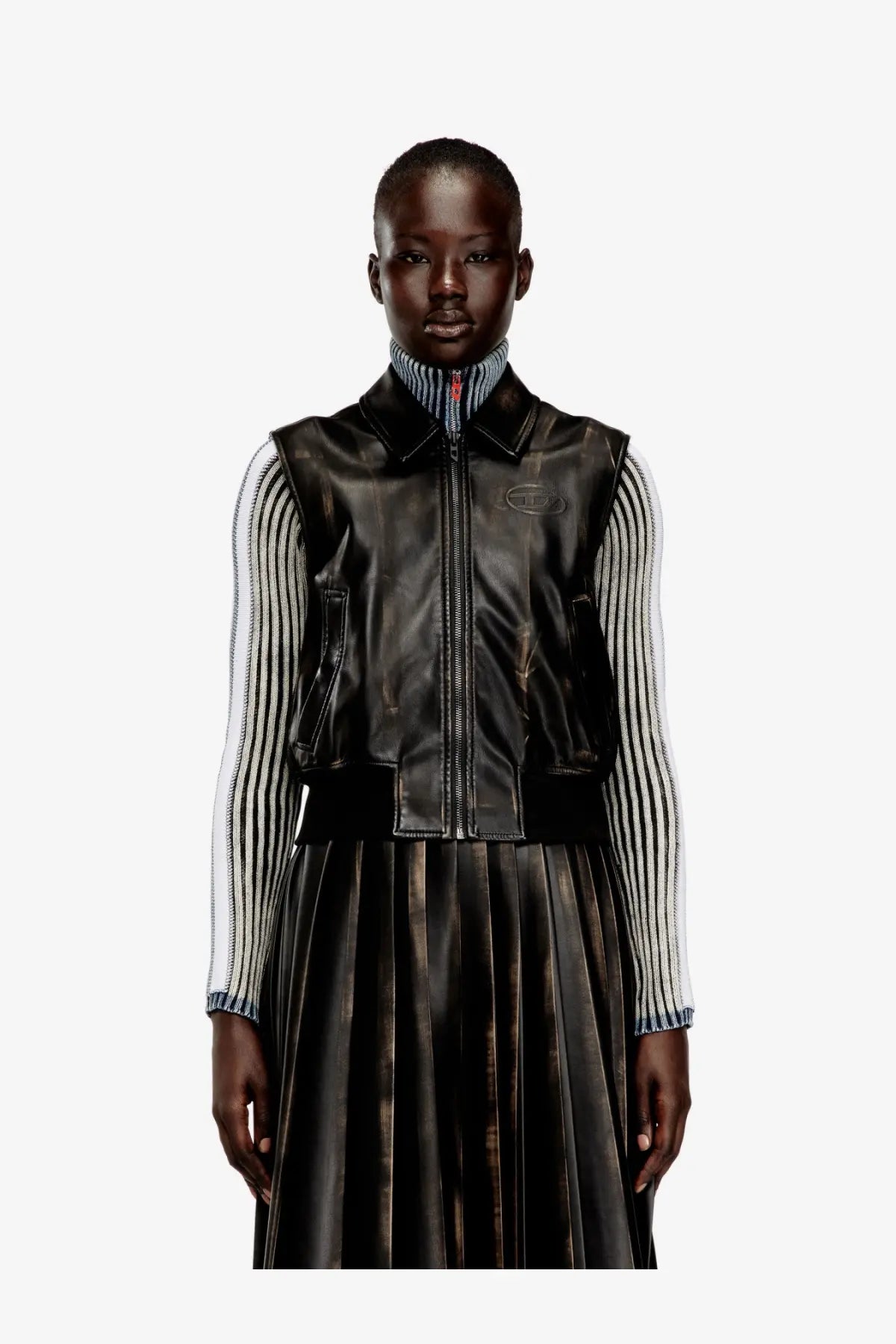Diesel women’s inko black faux leather vest with zipper front and subtle embossed logo on the chest