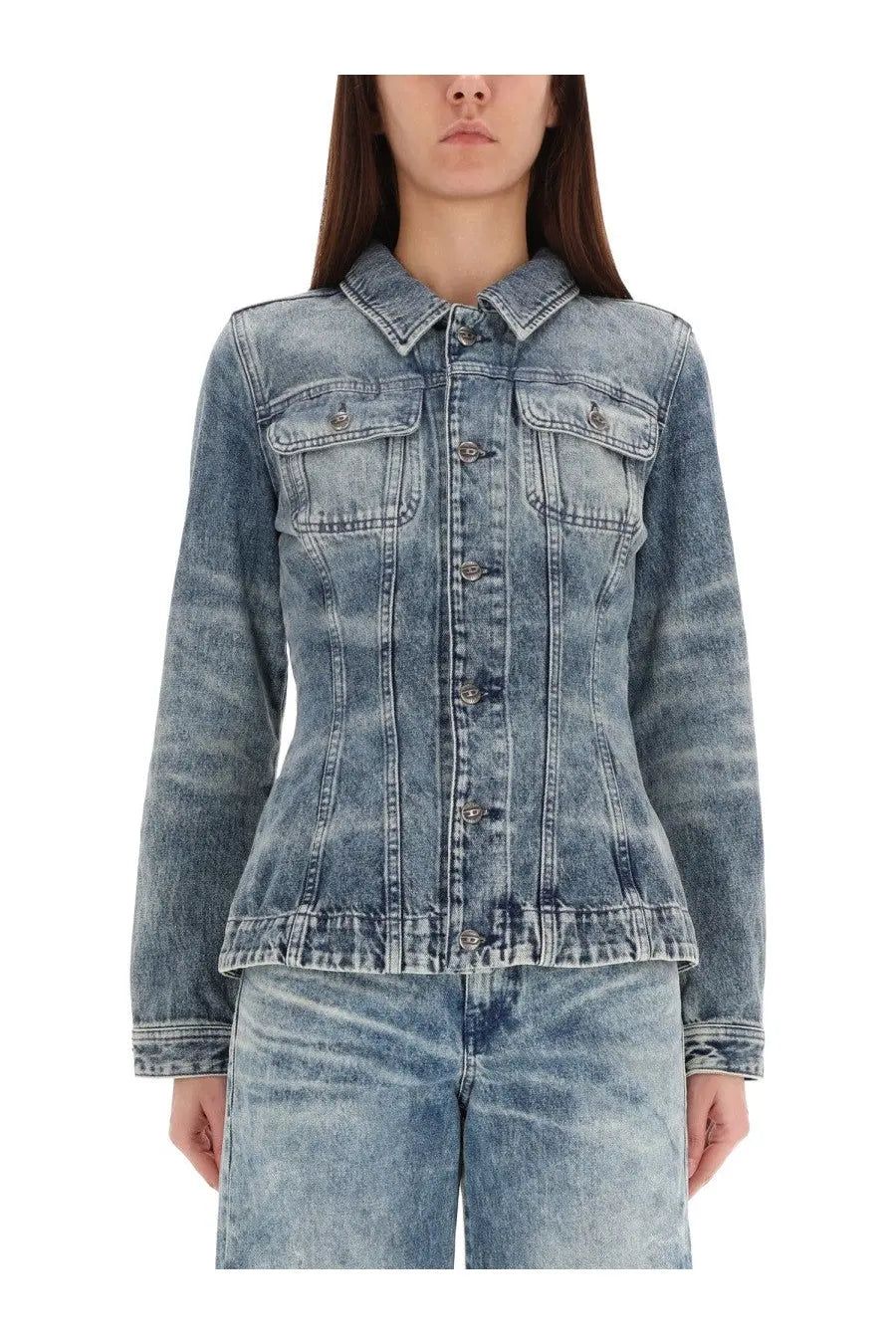 Diesel women’s jacket katerin fsh blue faded blue denim with classic collar button closures and two chest pockets