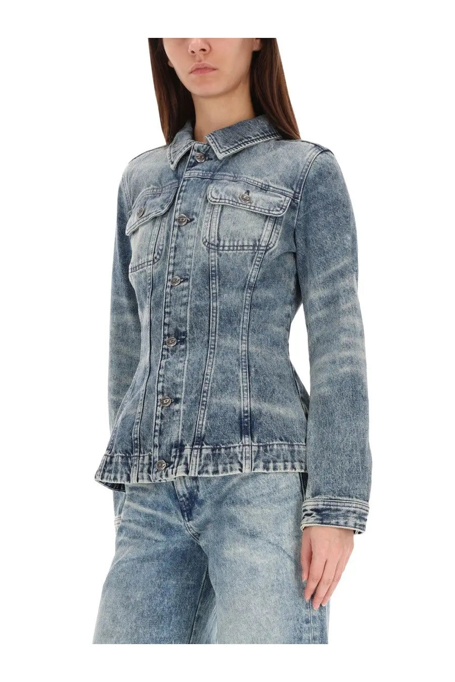 A fitted light-wash denim jacket with classic collar and button-front closure by Diesel womens jacket Katerin Fsh Blue