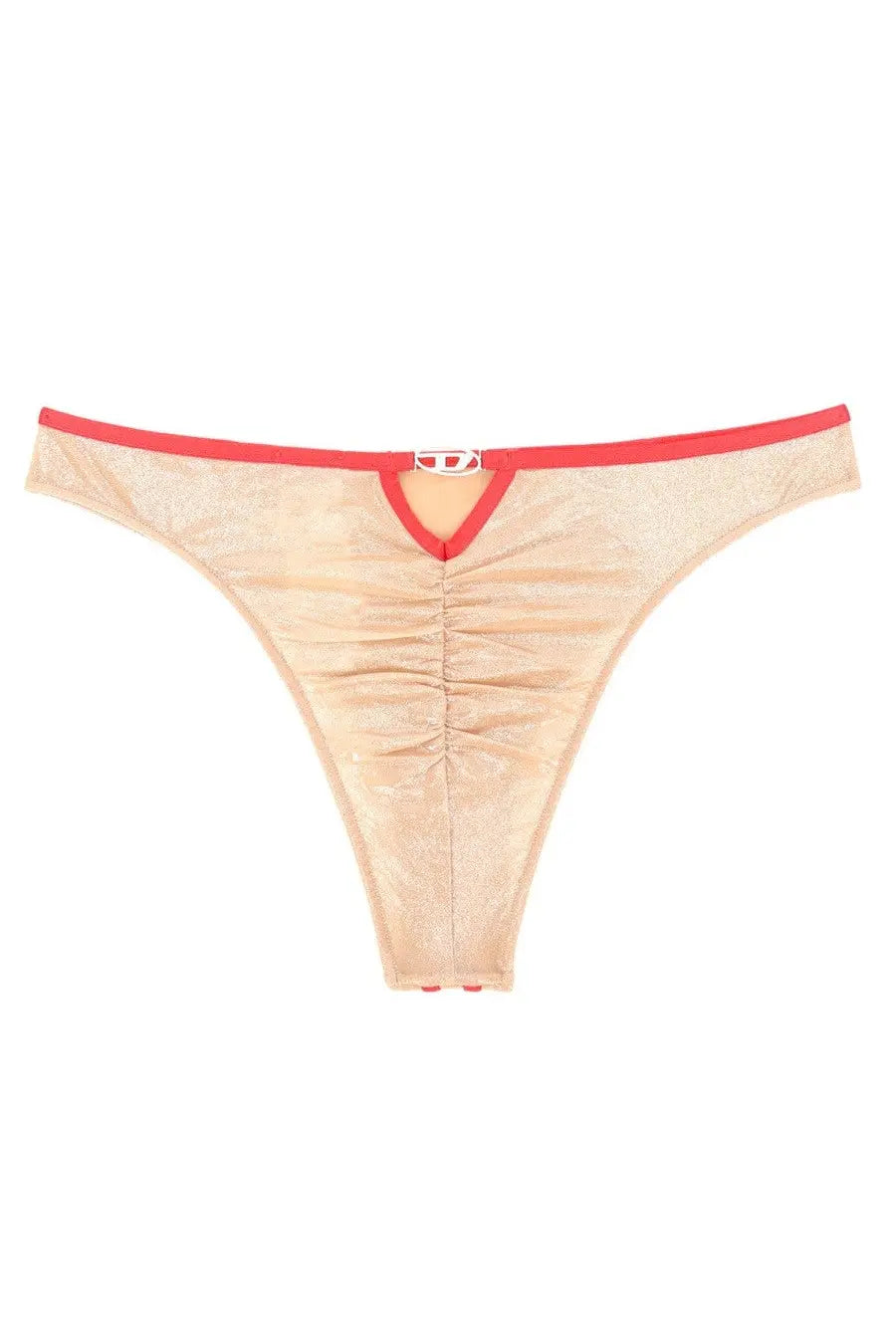 Back view of diesel women’s janie gft briefs beige lace thong with red trim and silver buckle closure