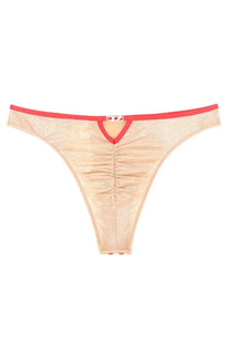 Beige lace thong brief with red trim and silver buckle at the back from diesel women’s janie gft collection