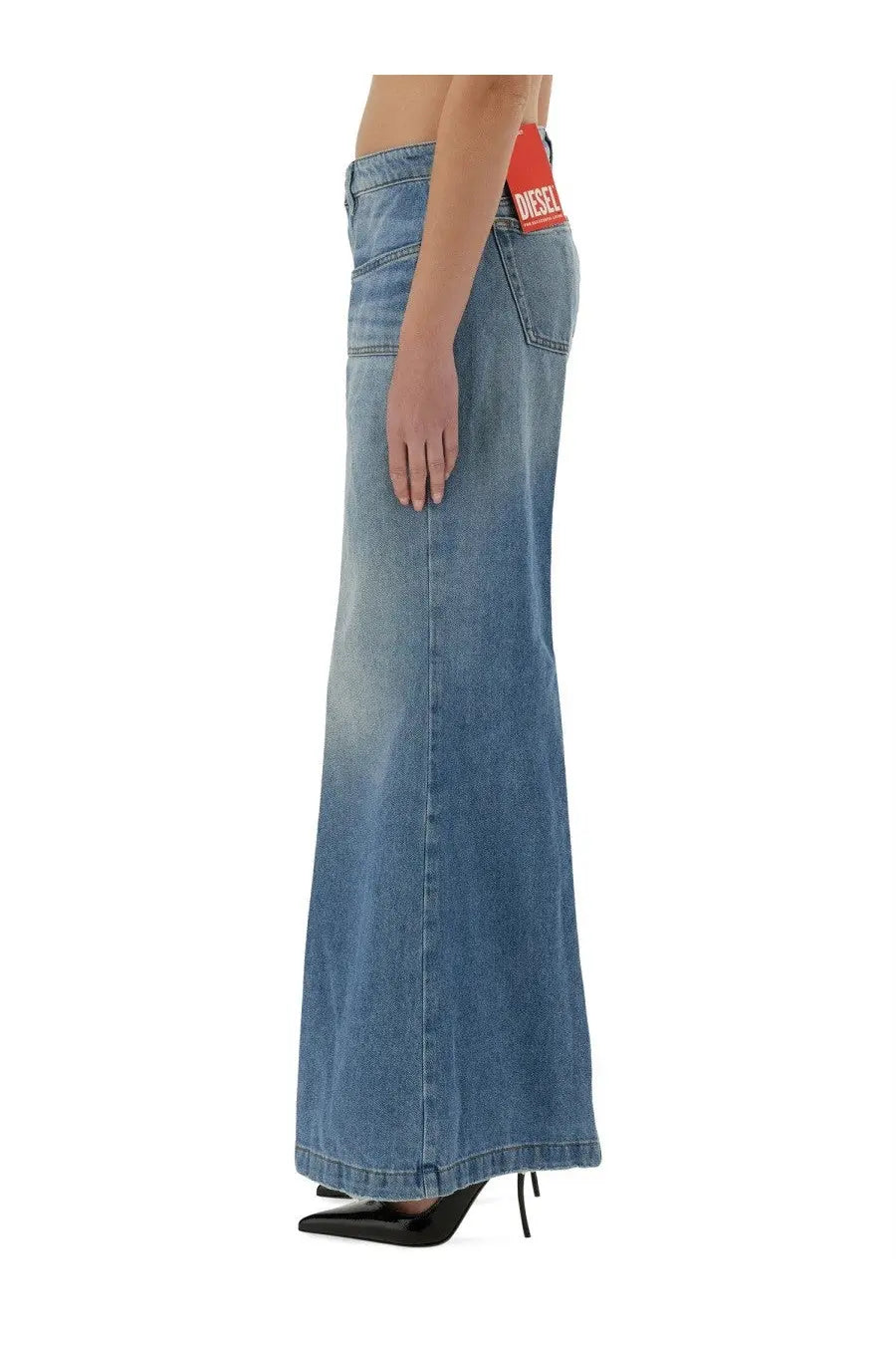 Blue denim maxi skirt with red diesel brand label at waistband from diesel women’s jeans akii oclba blue collection
