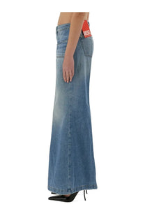 Blue denim maxi skirt with red diesel brand label at waistband from diesel women’s jeans akii oclba blue collection