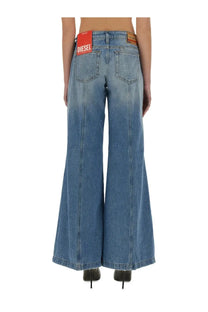 Back view of diesel women’s jeans akii oclba blue wide-leg denim pants with faded wash and red diesel label