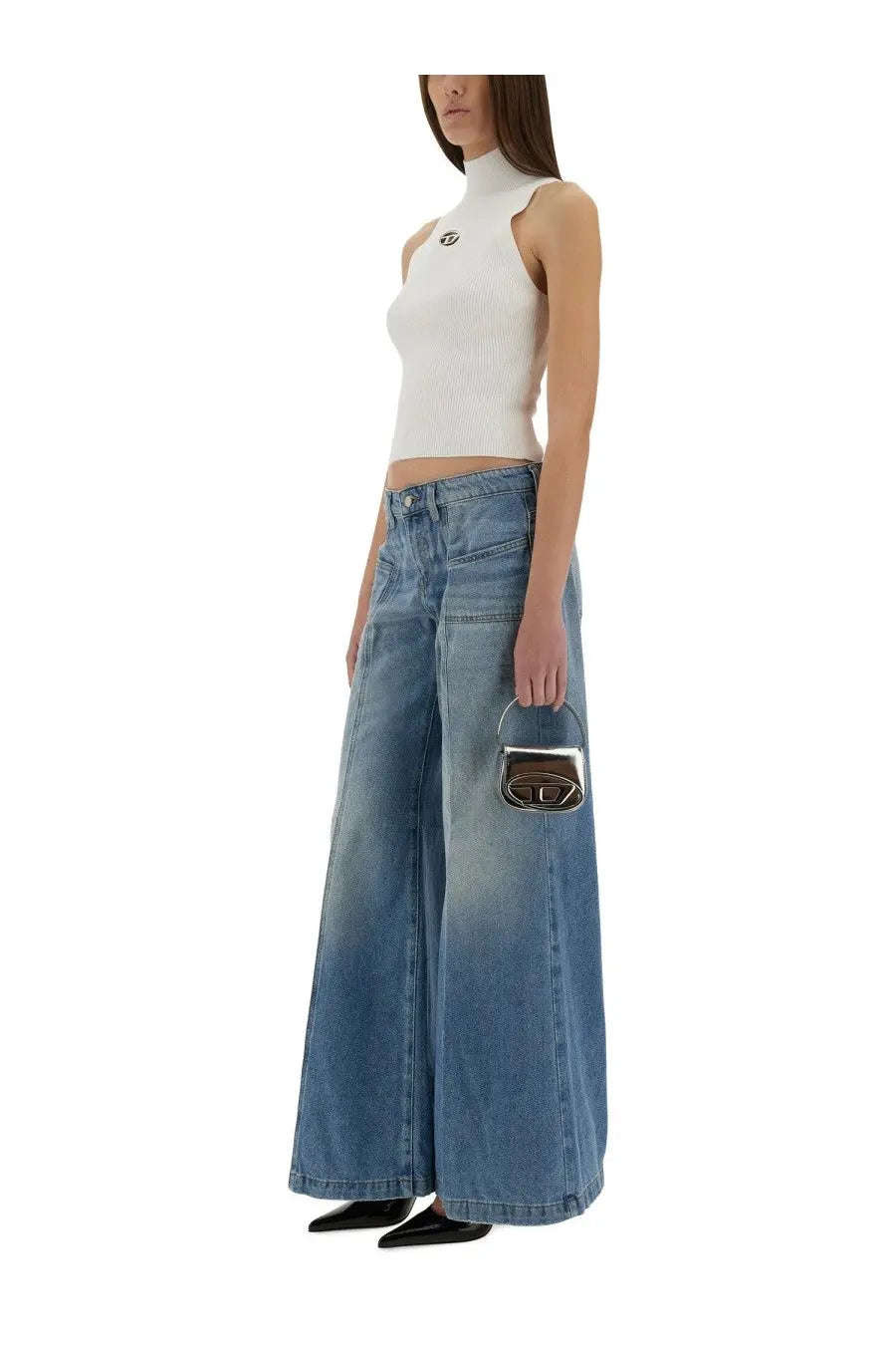 Silver metallic mini handbag with structured rectangular shape and top handle featured with diesel women’s jeans akii oclba blue