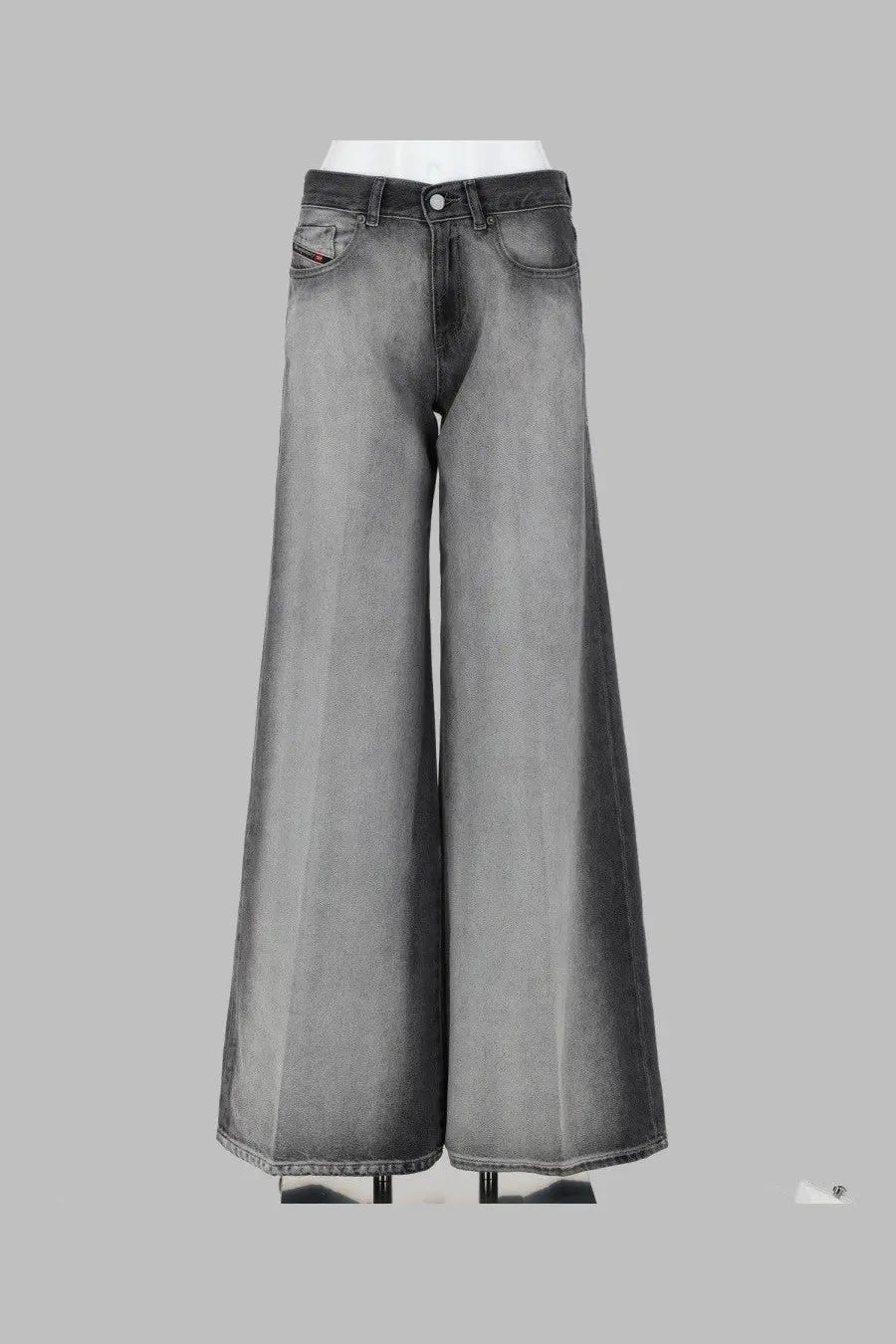 Back side of diesel women’s jeans flare akemi grey wide-leg denim trousers in faded gray wash with classic stitching and brand patch
