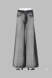 Back side of diesel women’s jeans flare akemi grey wide-leg denim trousers in faded gray wash with classic stitching and brand patch