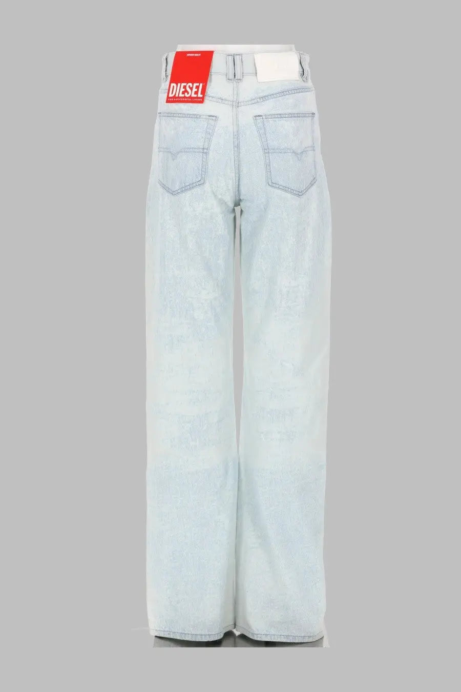 Back side of light-wash denim wide-leg diesel womens jeans with classic pocket design and brand label at waistband