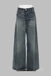 Dark-wash denim wide-leg jeans with high-rise waist and classic stitching details from diesel women’s jeans sire blue collection