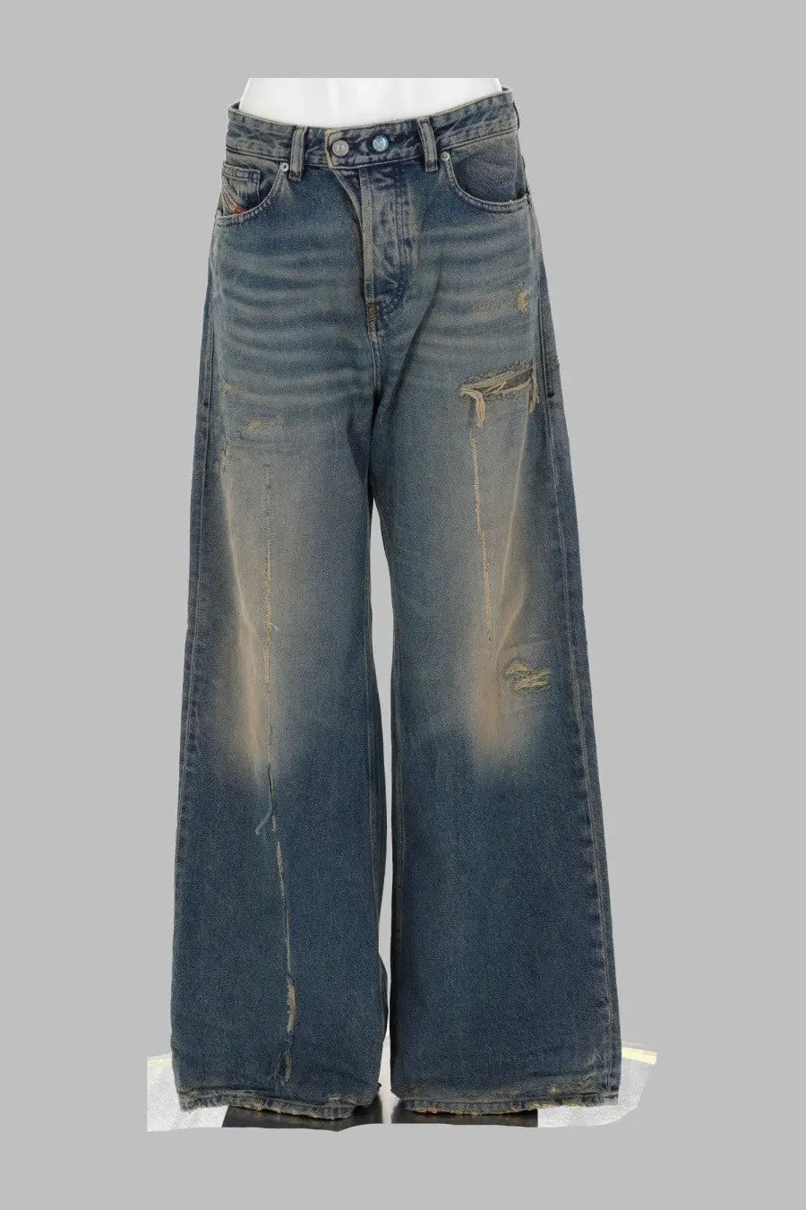 Diesel women’s jeans sire blue distressed wide-leg denim jeans in faded blue wash with rips and frayed edges