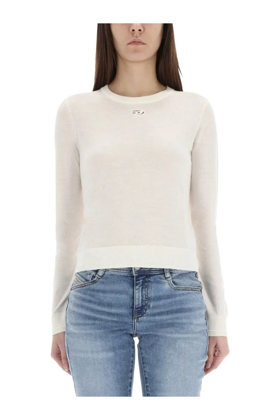 Diesel women’s jersey alinesa white cream-colored long-sleeved knit sweater with subtle logo at the neckline