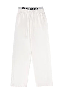 Diesel women’s jogger pants leslie pop white featuring white fabric and gray waistband with black Diesel logo lettering