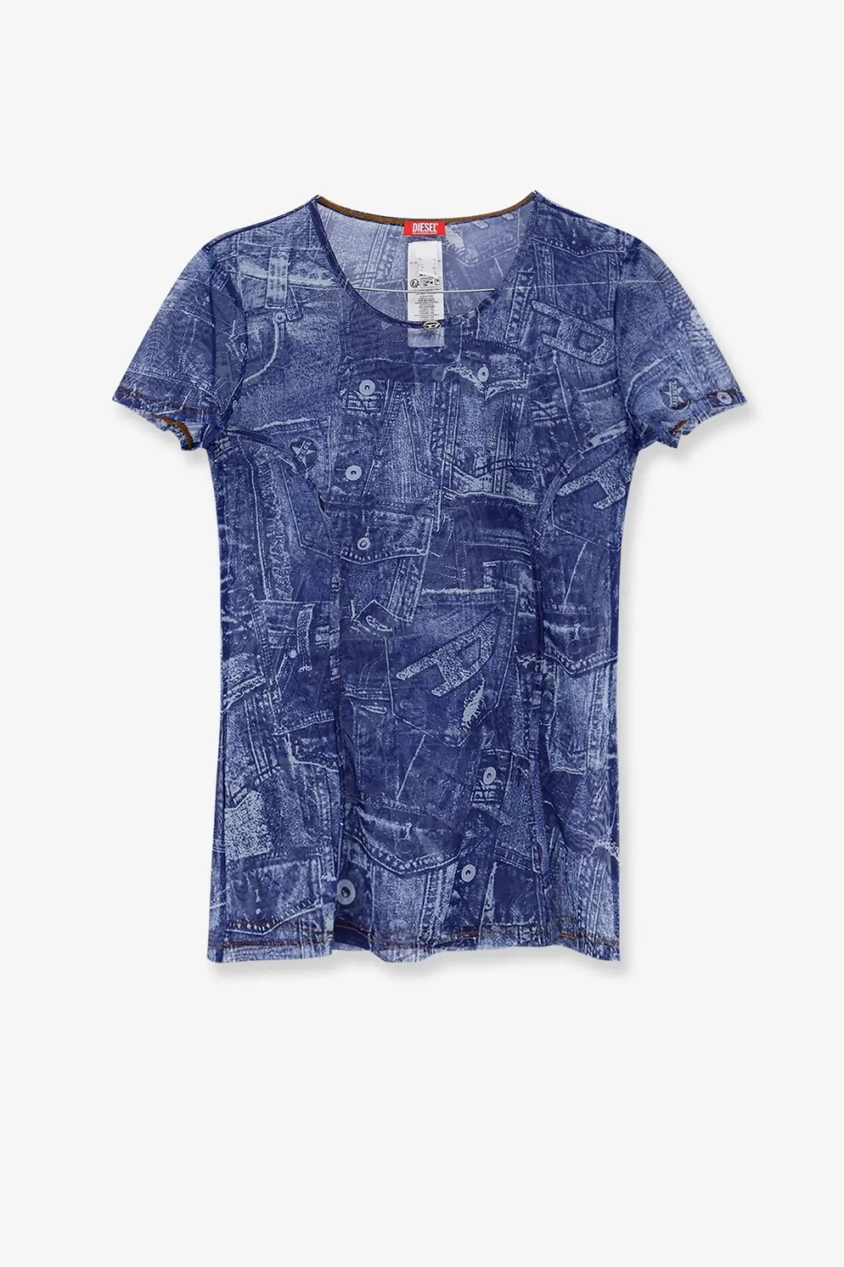 Diesel women’s Kasia shirt grey blue denim patterned short-sleeved t-shirt with crew neck and distressed pocket design