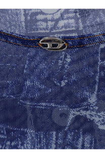 Silver metallic oval logo tab with embossed lettering sewn on blue denim on the back of diesel womens kasia shirt grey