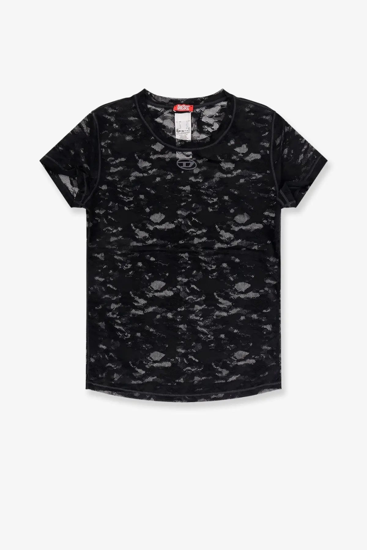 Diesel women’s Kasia Utlt lace shirt black short-sleeved t-shirt with subtle textured pattern and round neckline